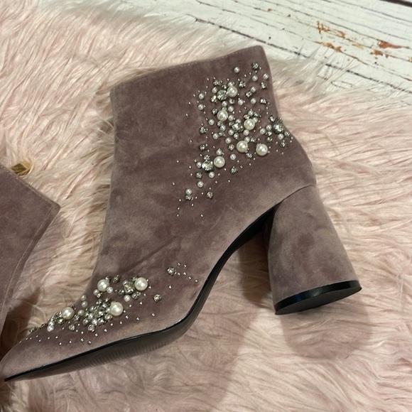 Zara Bejeweled Pink Velvet Zip Front Booties - Picture 8 of 12